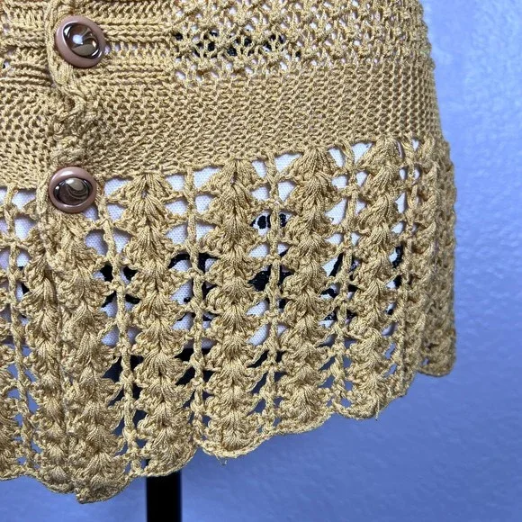 Sz XS Short-Sleeve Button-Up Blouse Mustard Yellow Open-Knit Eyelet - Picture 4 of 11